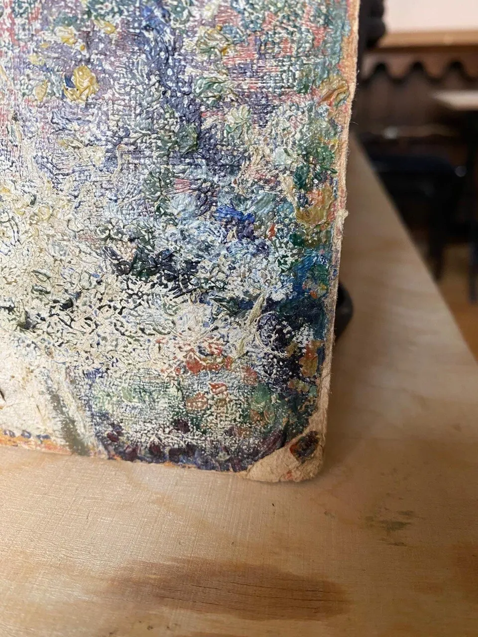 Before restoration. Lower corner: surface condition and losses.