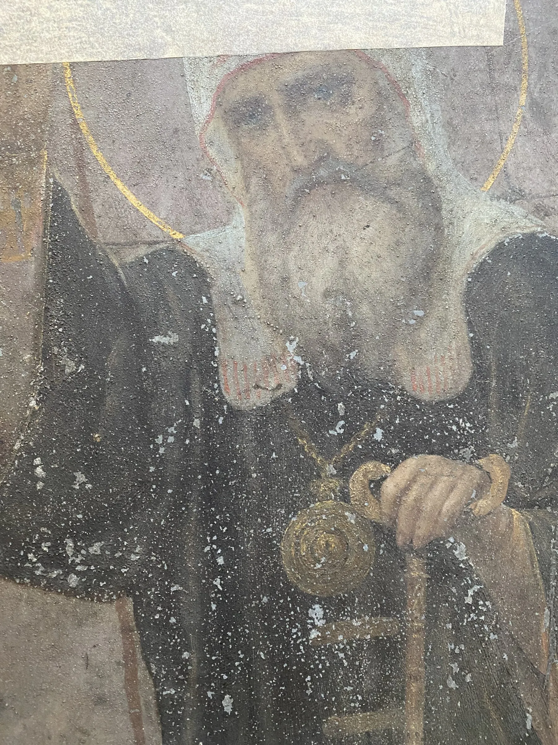 Before restoration. Detail of Hermogenes: condition of the paint layer.