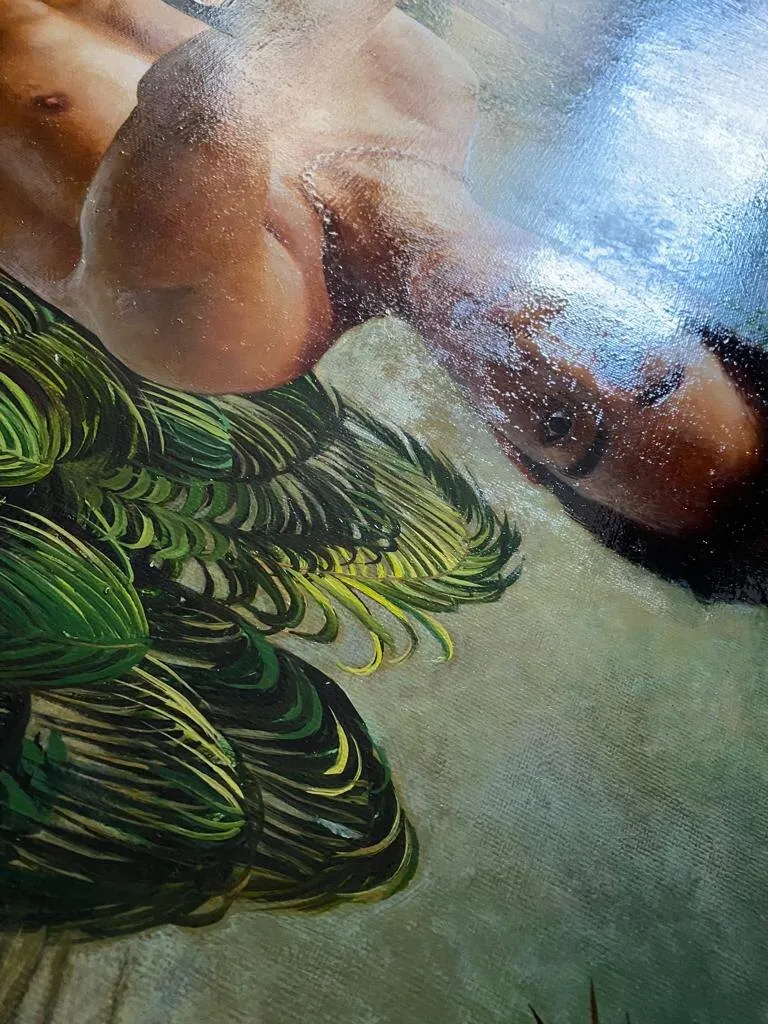 Detail of the varnish layer in raking light.