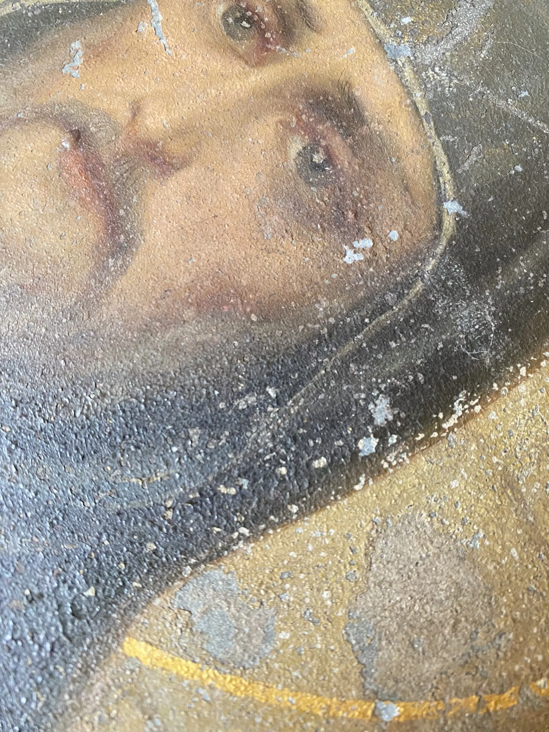 Before restoration. Detail of the face of Athanasius: surface condition.